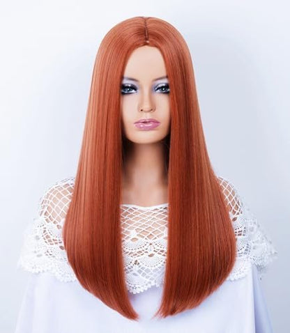 Rugelyss Long Straight Auburn Wig 22 Inches - Copper Red Synthetic Hair Wig for Women, Daily Wear & Party with Wig Cap