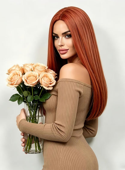 Rugelyss Long Straight Auburn Wig 22 Inches - Copper Red Synthetic Hair Wig for Women, Daily Wear & Party with Wig Cap