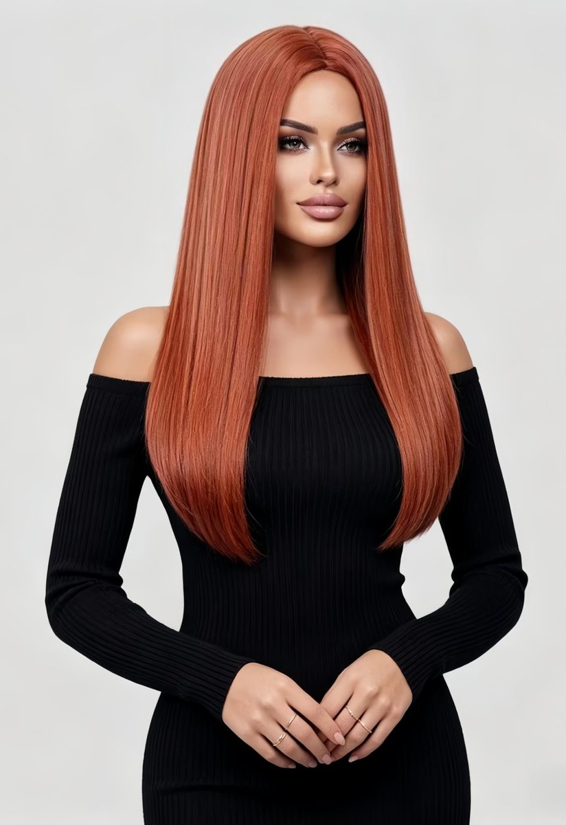Rugelyss Long Straight Auburn Wig 22 Inches - Copper Red Synthetic Hair Wig for Women, Daily Wear & Party with Wig Cap - görsel 7