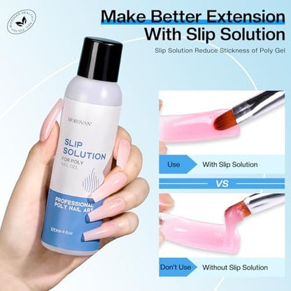 Morovan Poly Gel Slip Solution Kit: 4oz Slip Liquid & Dual-Ended Brush Pusher for Flawless Poly Gel Nails