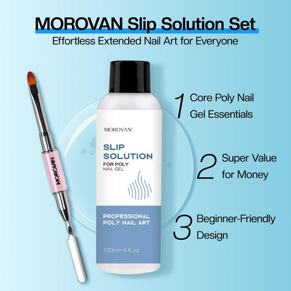 Morovan Poly Gel Slip Solution Kit: 4oz Slip Liquid & Dual-Ended Brush Pusher for Flawless Poly Gel Nails