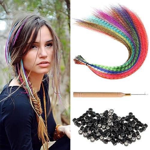 Kootinn Hair Feathers Extension Kit - 13 Colors Mixed Synthetic Feather Hair Extensions with 100 Micro Link Beads and Crochet Hook (17 Inch) - görsel 2
