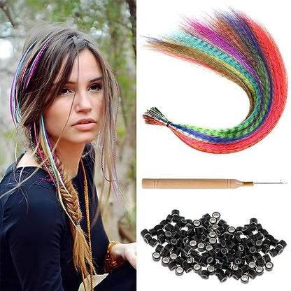 Kootinn Hair Feathers Extension Kit - 13 Colors Mixed Synthetic Feather Hair Extensions with 100 Micro Link Beads and Crochet Hook (17 Inch)