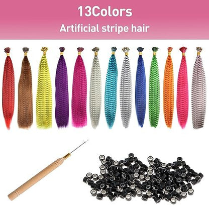 Kootinn Hair Feathers Extension Kit - 13 Colors Mixed Synthetic Feather Hair Extensions with 100 Micro Link Beads and Crochet Hook (17 Inch)