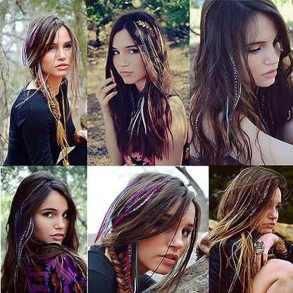 Kootinn Hair Feathers Extension Kit - 13 Colors Mixed Synthetic Feather Hair Extensions with 100 Micro Link Beads and Crochet Hook (17 Inch)