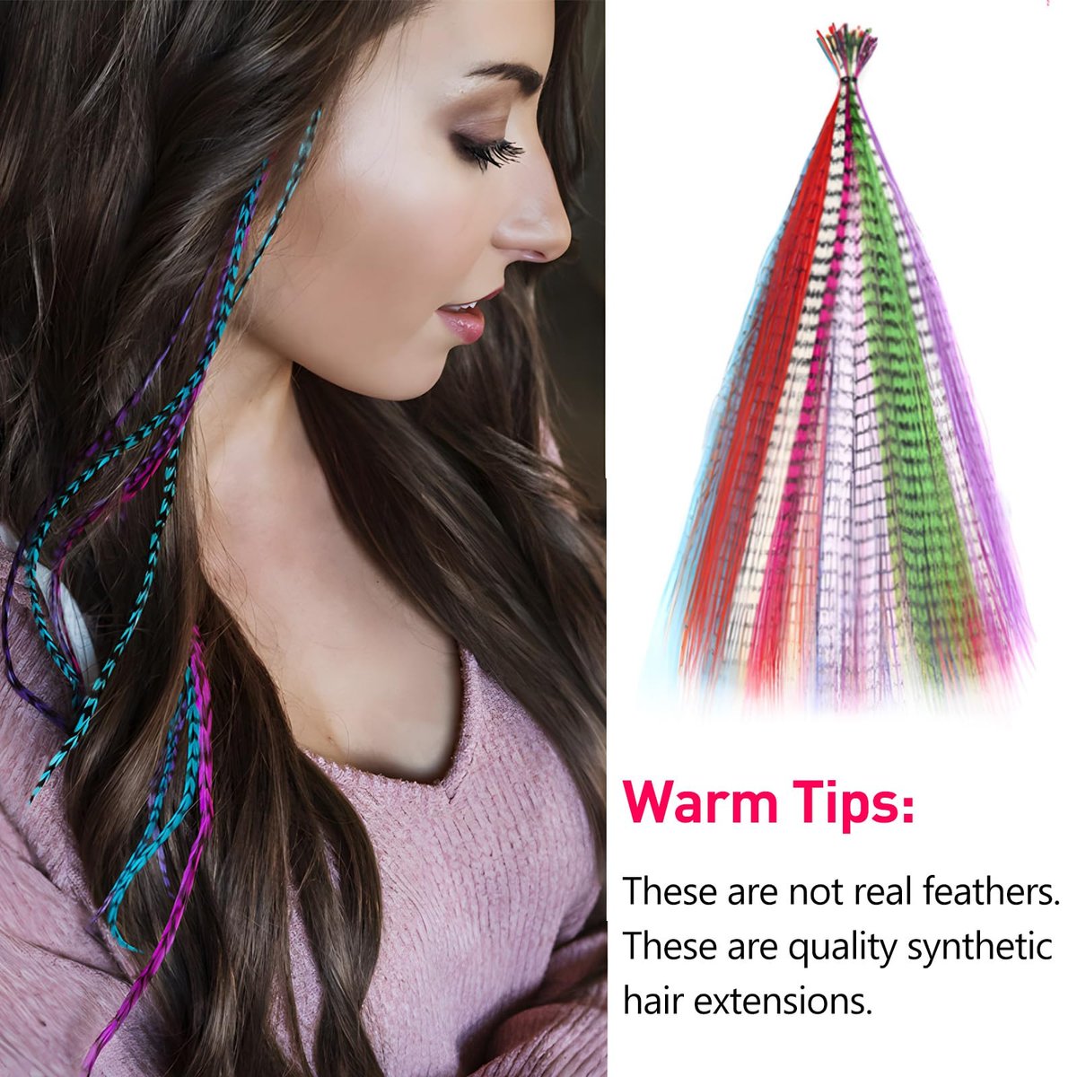 Kootinn Hair Feathers Extension Kit - 13 Colors Mixed Synthetic Feather Hair Extensions with 100 Micro Link Beads and Crochet Hook (17 Inch) - görsel 9