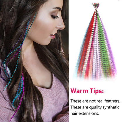 Kootinn Hair Feathers Extension Kit - 13 Colors Mixed Synthetic Feather Hair Extensions with 100 Micro Link Beads and Crochet Hook (17 Inch)