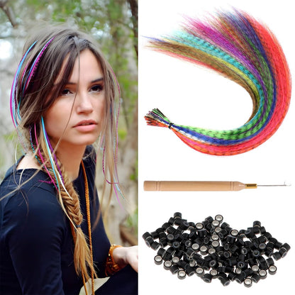 Kootinn Hair Feathers Extension Kit - 13 Colors Mixed Synthetic Feather Hair Extensions with 100 Micro Link Beads and Crochet Hook (17 Inch)
