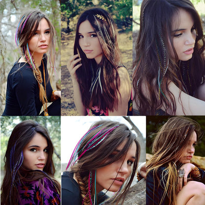 Kootinn Hair Feathers Extension Kit - 13 Colors Mixed Synthetic Feather Hair Extensions with 100 Micro Link Beads and Crochet Hook (17 Inch)
