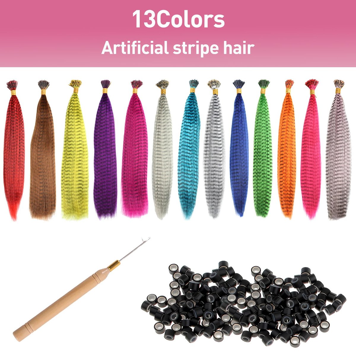 Kootinn Hair Feathers Extension Kit - 13 Colors Mixed Synthetic Feather Hair Extensions with 100 Micro Link Beads and Crochet Hook (17 Inch) - görsel 3