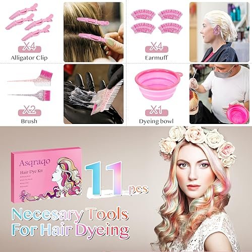 Asqraqo 11-Piece Hair Coloring Kit - Professional Salon Tools for DIY Hair Dye & Bleaching, Includes Clips, Bowl, Brush, Earmuffs (Pink) - görsel 8