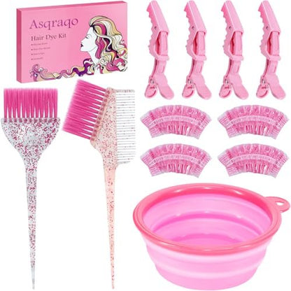 Asqraqo 11-Piece Hair Coloring Kit - Professional Salon Tools for DIY Hair Dye & Bleaching, Includes Clips, Bowl, Brush, Earmuffs (Pink)