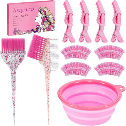 Asqraqo 11-Piece Hair Coloring Kit - Professional Salon Tools for DIY Hair Dye & Bleaching, Includes Clips, Bowl, Brush, Earmuffs (Pink)
