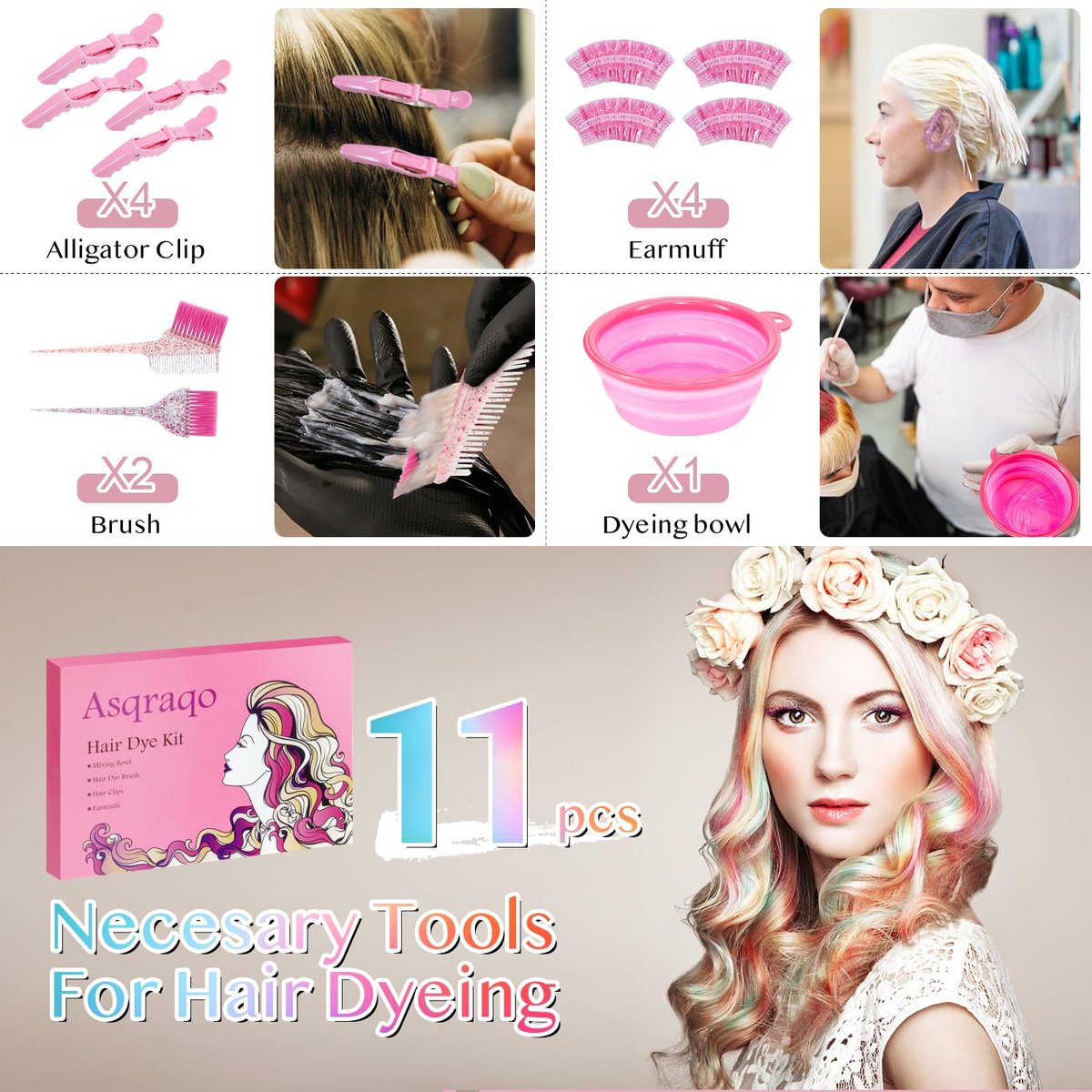 Asqraqo 11-Piece Hair Coloring Kit - Professional Salon Tools for DIY Hair Dye & Bleaching, Includes Clips, Bowl, Brush, Earmuffs (Pink) - görsel 7