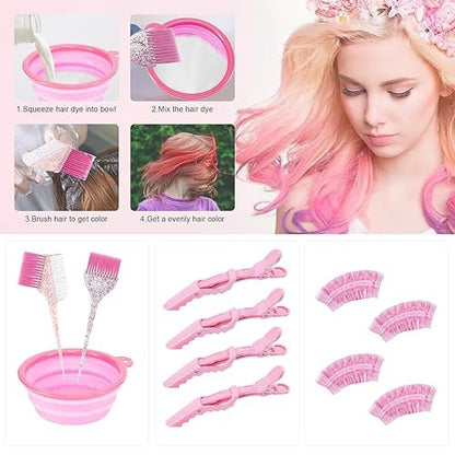 Asqraqo 11-Piece Hair Coloring Kit - Professional Salon Tools for DIY Hair Dye & Bleaching, Includes Clips, Bowl, Brush, Earmuffs (Pink)