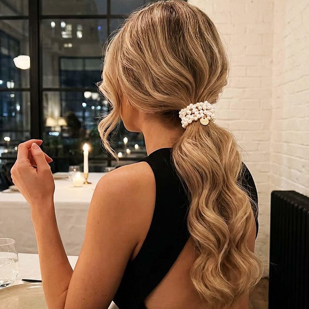 Fashey Pearl Hair Tie Fancy Ponytail Holders – Beaded Scrunchies Hair Accessories for Women (Pack of 3) - görsel 5
