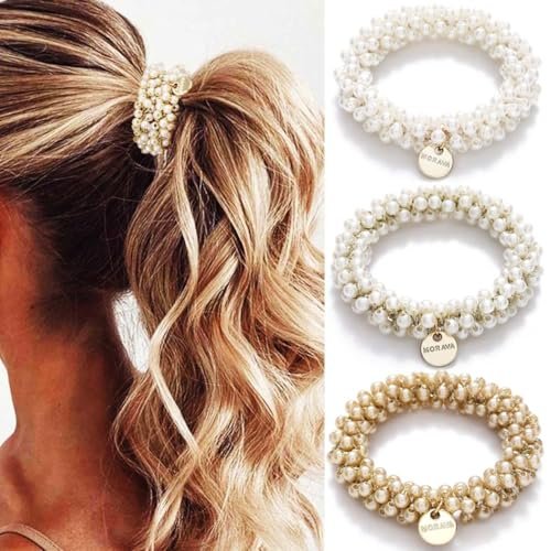 Fashey Pearl Hair Tie Fancy Ponytail Holders – Beaded Scrunchies Hair Accessories for Women (Pack of 3) - görsel 2