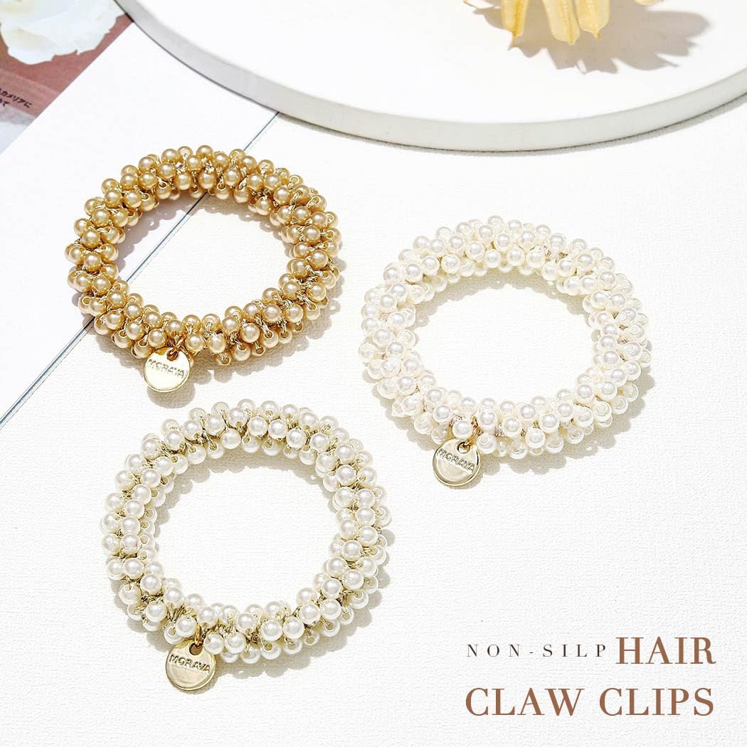 Fashey Pearl Hair Tie Fancy Ponytail Holders – Beaded Scrunchies Hair Accessories for Women (Pack of 3) - görsel 3
