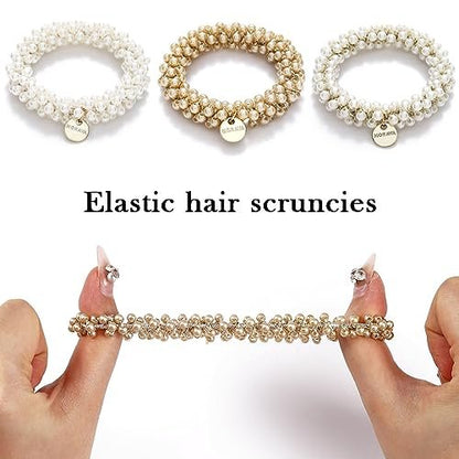 Fashey Pearl Hair Tie Fancy Ponytail Holders – Beaded Scrunchies Hair Accessories for Women (Pack of 3)
