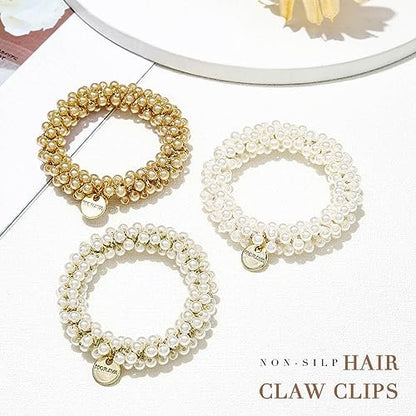 Fashey Pearl Hair Tie Fancy Ponytail Holders – Beaded Scrunchies Hair Accessories for Women (Pack of 3)