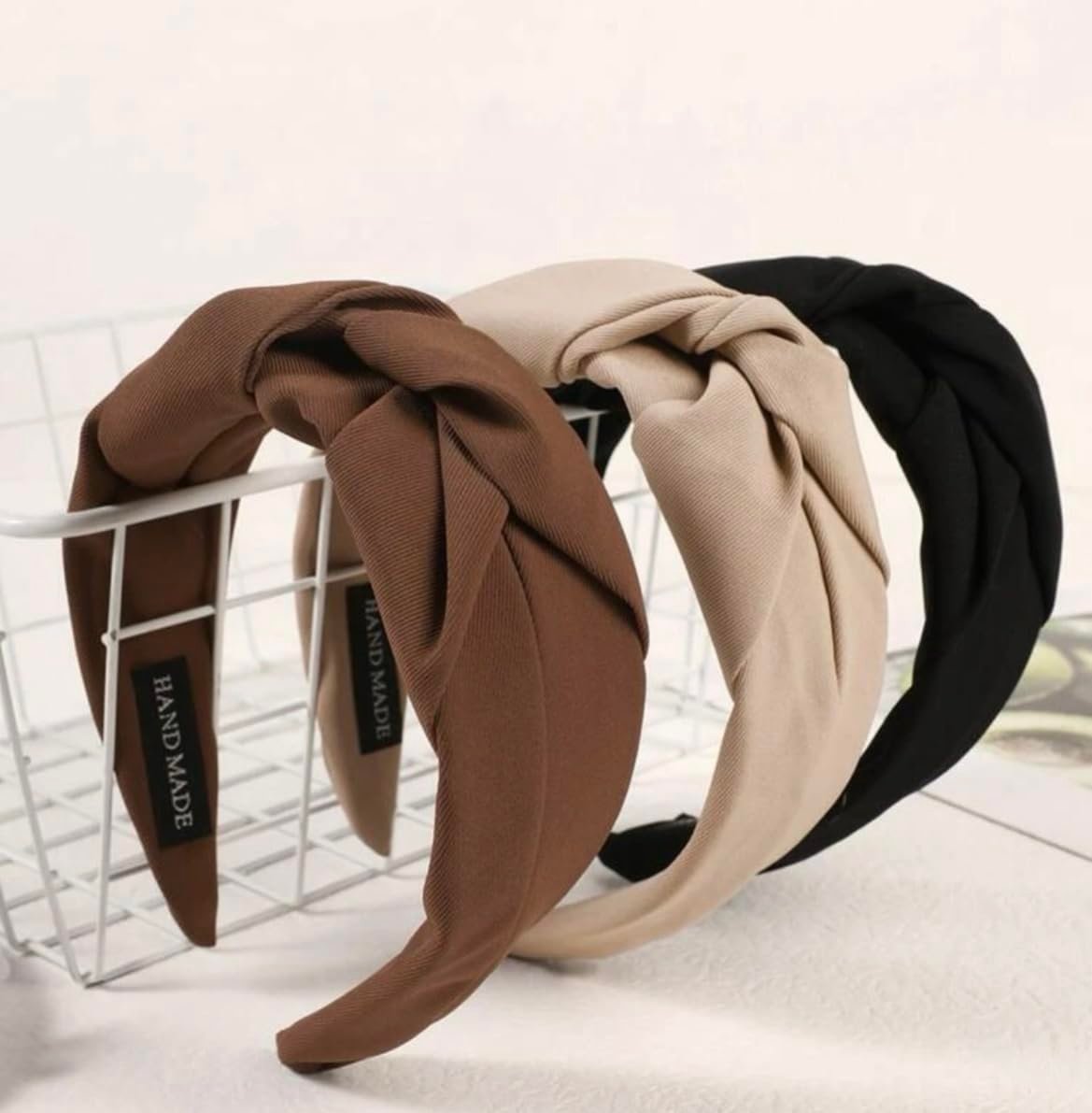 Knotted Headbands for Women - Non-Slip Wide Top Knot Hair Hoops, Fashion Hairbands in Black, Beige, Brown - 3PCS Hair Accessories Set - görsel 3