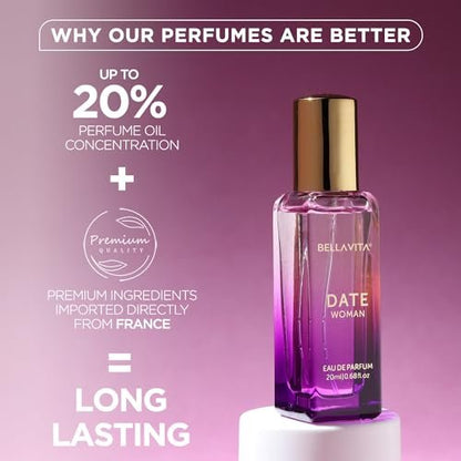 BellaVita Luxury DATE Eau de Parfum Travel Size Edition 20 ml – Long-Lasting Mini Perfume for Women with Red Fruit, Pink Pepper & Jasmine