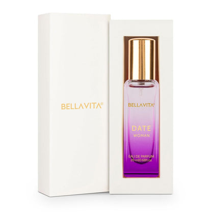 BellaVita Luxury DATE Eau de Parfum Travel Size Edition 20 ml – Long-Lasting Mini Perfume for Women with Red Fruit, Pink Pepper & Jasmine