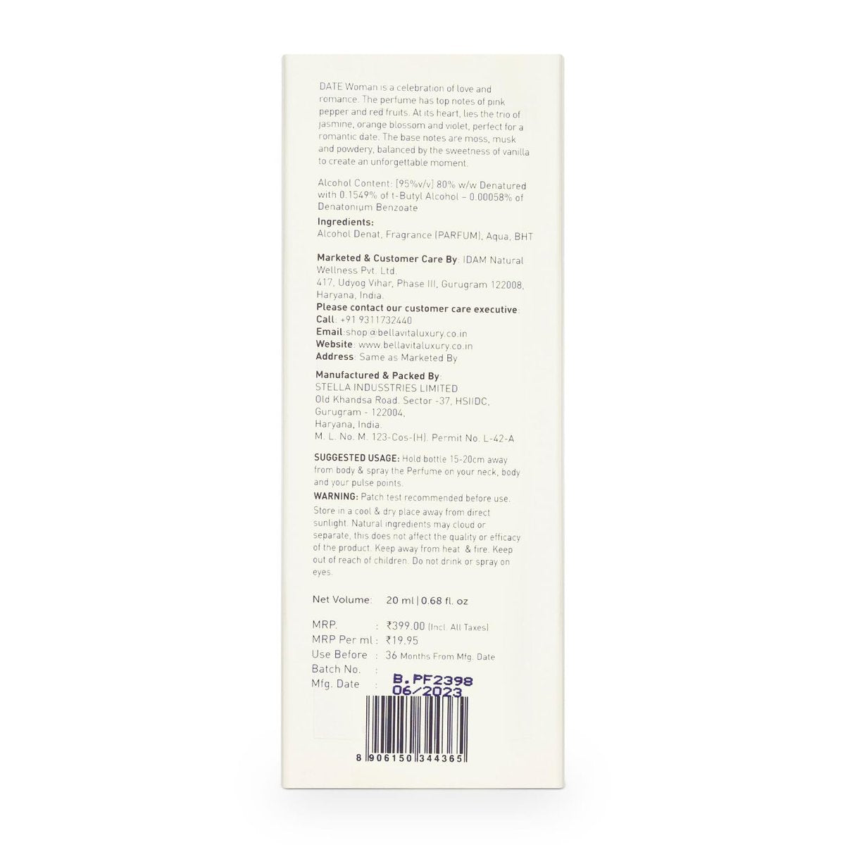 BellaVita Luxury DATE Eau de Parfum Travel Size Edition 20 ml – Long-Lasting Mini Perfume for Women with Red Fruit, Pink Pepper & Jasmine - görsel 12
