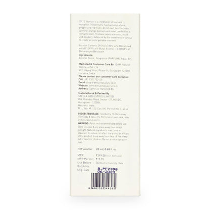 BellaVita Luxury DATE Eau de Parfum Travel Size Edition 20 ml – Long-Lasting Mini Perfume for Women with Red Fruit, Pink Pepper & Jasmine