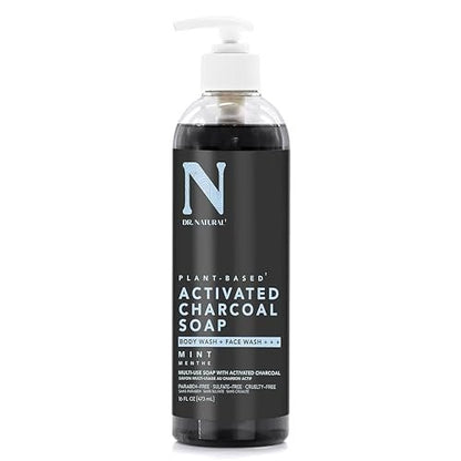 Dr. Natural Activated Charcoal Liquid Soap - Deep Cleansing Body Wash for Acne-Prone Skin, Mint Scent, 16 oz