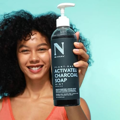 Dr. Natural Activated Charcoal Liquid Soap - Deep Cleansing Body Wash for Acne-Prone Skin, Mint Scent, 16 oz