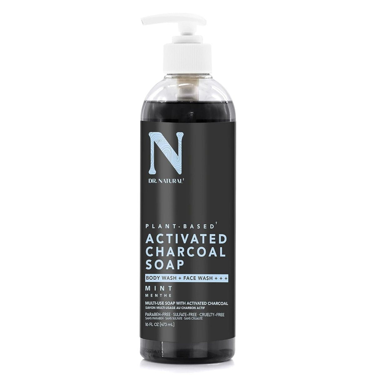 Dr. Natural Activated Charcoal Liquid Soap - Deep Cleansing Body Wash for Acne-Prone Skin, Mint Scent, 16 oz - görsel 1