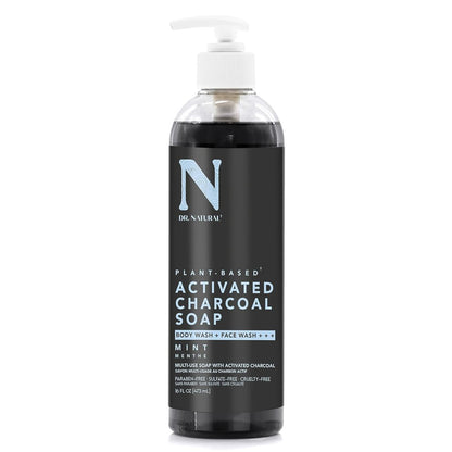 Dr. Natural Activated Charcoal Liquid Soap - Deep Cleansing Body Wash for Acne-Prone Skin, Mint Scent, 16 oz