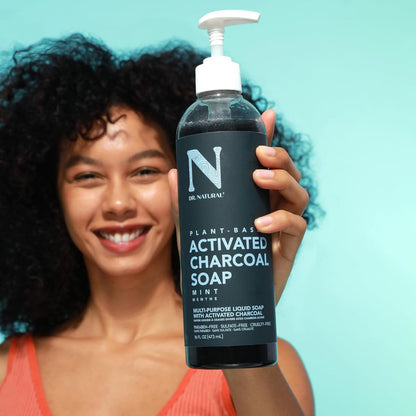 Dr. Natural Activated Charcoal Liquid Soap - Deep Cleansing Body Wash for Acne-Prone Skin, Mint Scent, 16 oz