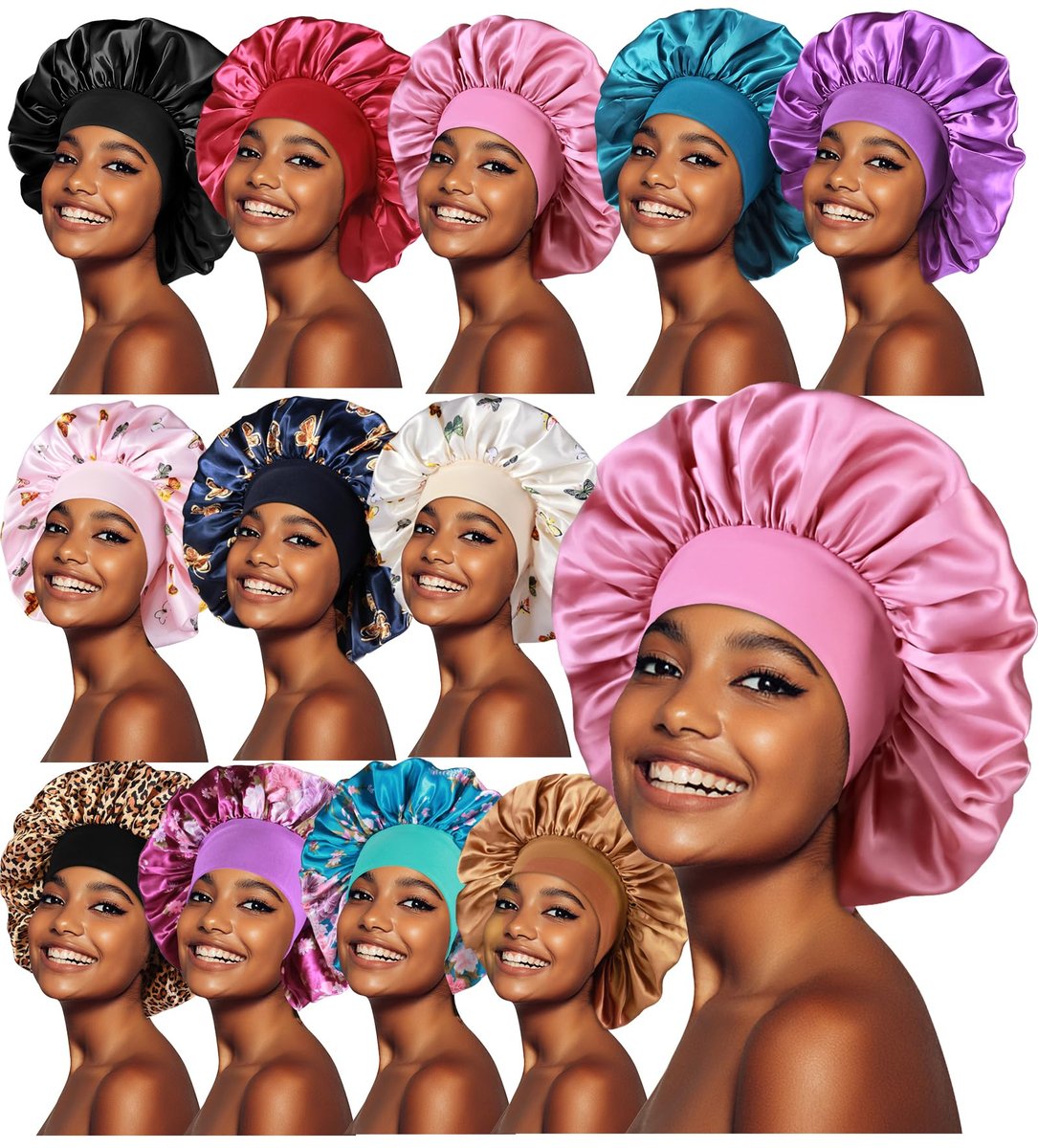 12-Pack Large Satin Bonnets for Sleeping - Silky Hair Bonnet for Black Women, Braids, Curly Hair Avelisse