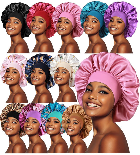 12-Pack Large Satin Bonnets for Sleeping - Silky Hair Bonnet for Black Women, Braids, Curly Hair Avelisse