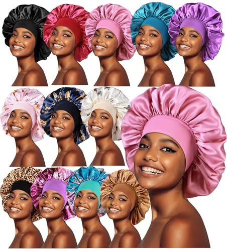 12-Pack Large Satin Bonnets for Sleeping - Silky Hair Bonnet for Black Women, Braids, Curly Hair Avelisse