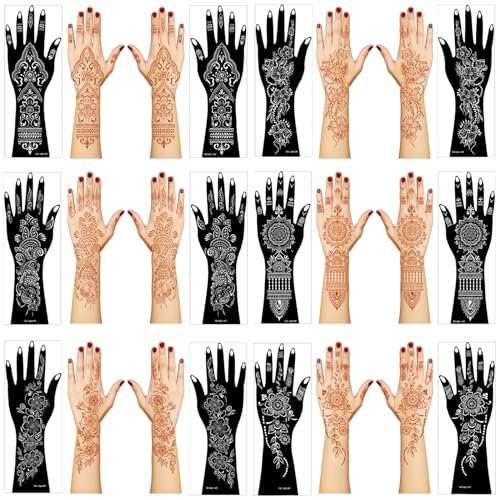 Large Henna Tattoo Stencil Kit - 12 Sheets Temporary Tattoo Stickers for Hand, Forearm & Glitter Airbrush DIY - görsel 2