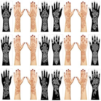 Large Henna Tattoo Stencil Kit - 12 Sheets Temporary Tattoo Stickers for Hand, Forearm & Glitter Airbrush DIY