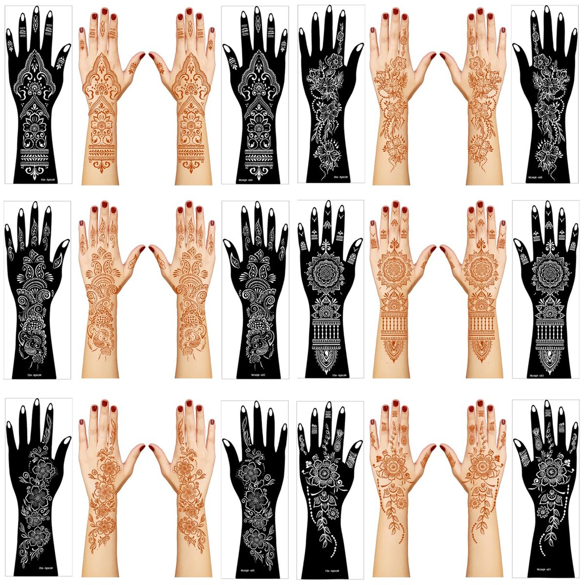 Large Henna Tattoo Stencil Kit - 12 Sheets Temporary Tattoo Stickers for Hand, Forearm & Glitter Airbrush DIY - görsel 1