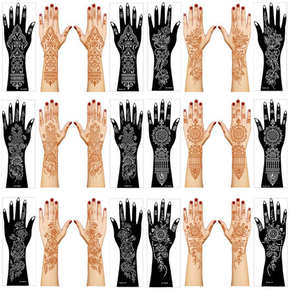 Large Henna Tattoo Stencil Kit - 12 Sheets Temporary Tattoo Stickers for Hand, Forearm & Glitter Airbrush DIY