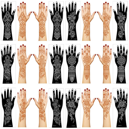 Large Henna Tattoo Stencil Kit - 12 Sheets Temporary Tattoo Stickers for Hand, Forearm & Glitter Airbrush DIY
