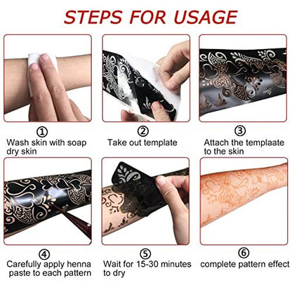 Large Henna Tattoo Stencil Kit - 12 Sheets Temporary Tattoo Stickers for Hand, Forearm & Glitter Airbrush DIY