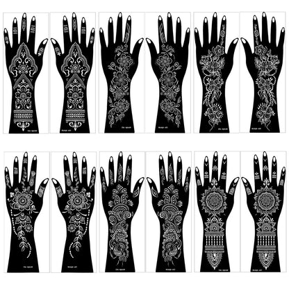 Large Henna Tattoo Stencil Kit - 12 Sheets Temporary Tattoo Stickers for Hand, Forearm & Glitter Airbrush DIY