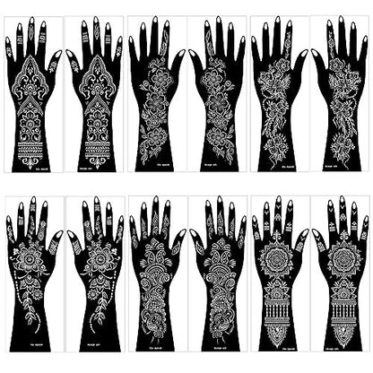 Large Henna Tattoo Stencil Kit - 12 Sheets Temporary Tattoo Stickers for Hand, Forearm & Glitter Airbrush DIY