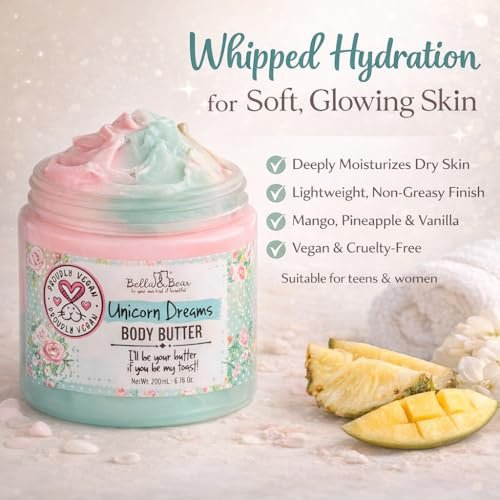 Whipped Body Butter for Women & Teens – Bella & Bear Unicorn Dreams – Hydrating & Moisturizing Cream – Vegan, Cruelty-Free – Mango, Pineapple & Vanilla Avelisse