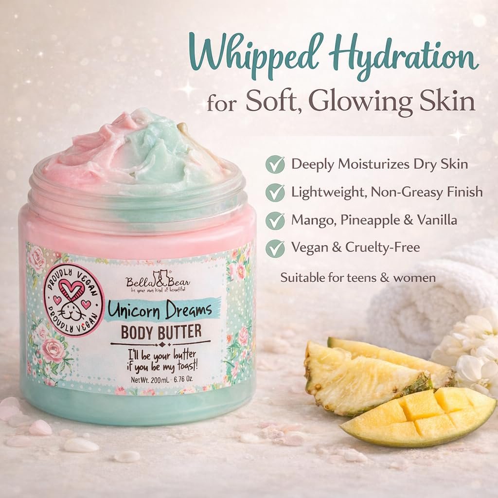 Whipped Body Butter for Women & Teens – Bella & Bear Unicorn Dreams – Hydrating & Moisturizing Cream – Vegan, Cruelty-Free – Mango, Pineapple & Vanilla Avelisse