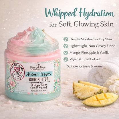 Whipped Body Butter for Women & Teens – Bella & Bear Unicorn Dreams – Hydrating & Moisturizing Cream – Vegan, Cruelty-Free – Mango, Pineapple & Vanilla Avelisse