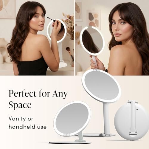 Fancii Abigail Rechargeable Travel Makeup Mirror with LED Light, 8" Foldable Stand, 3 Color Lighting, Dimmable & Lightweight Portable Vanity Mirror Avelisse