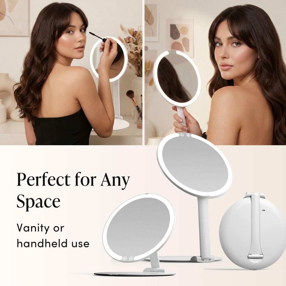 Fancii Abigail Rechargeable Travel Makeup Mirror with LED Light, 8" Foldable Stand, 3 Color Lighting, Dimmable & Lightweight Portable Vanity Mirror Avelisse